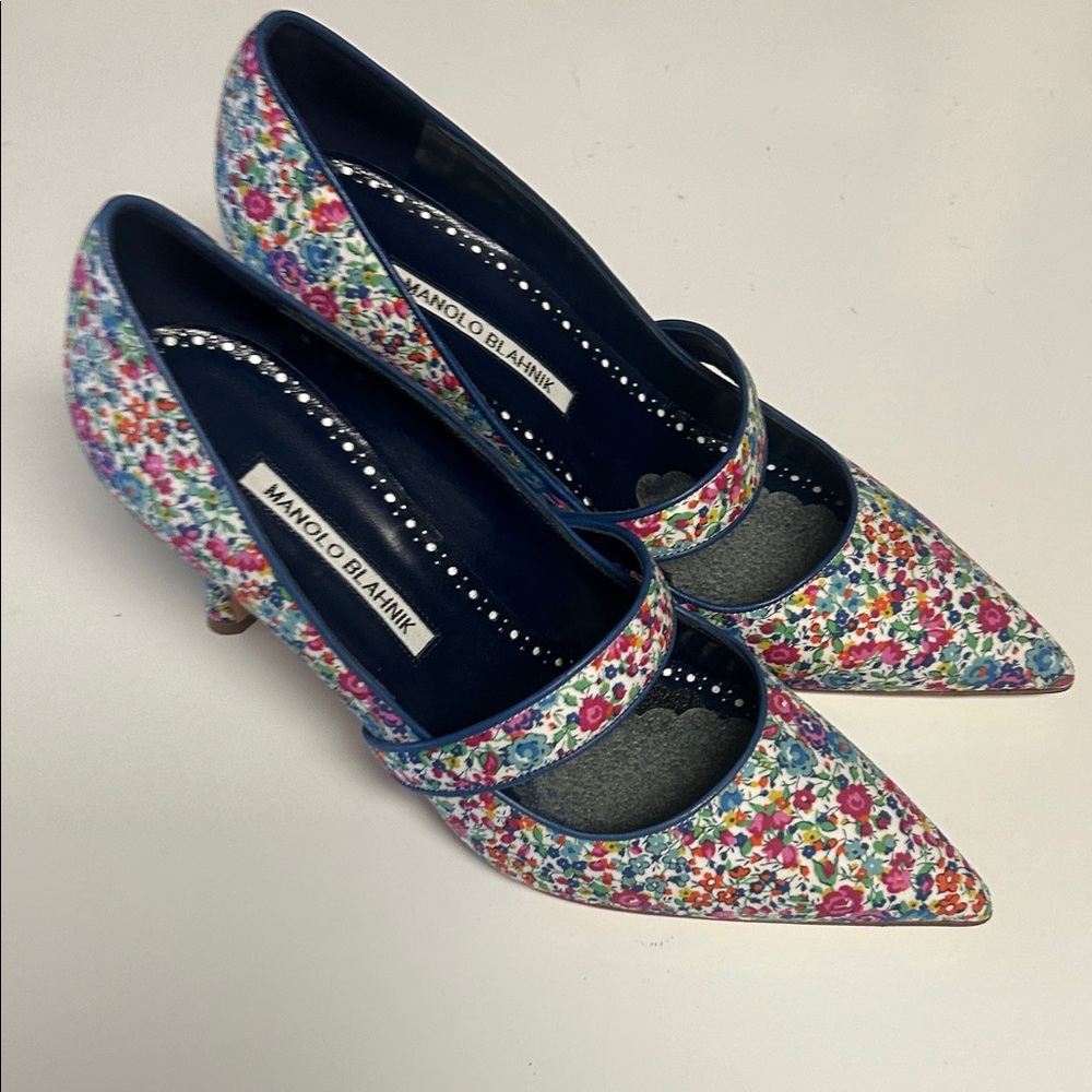 Manolo Blahnik Multicolor Floral Pointed Mary Jane Heels